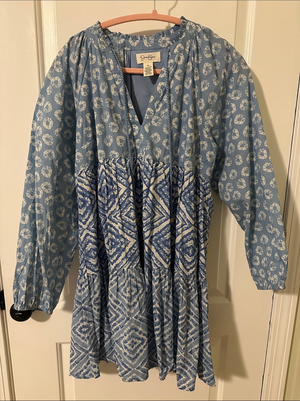 Women’s ' Light Blue Patterned Long Sleeve Tiered Dress - J. Crew